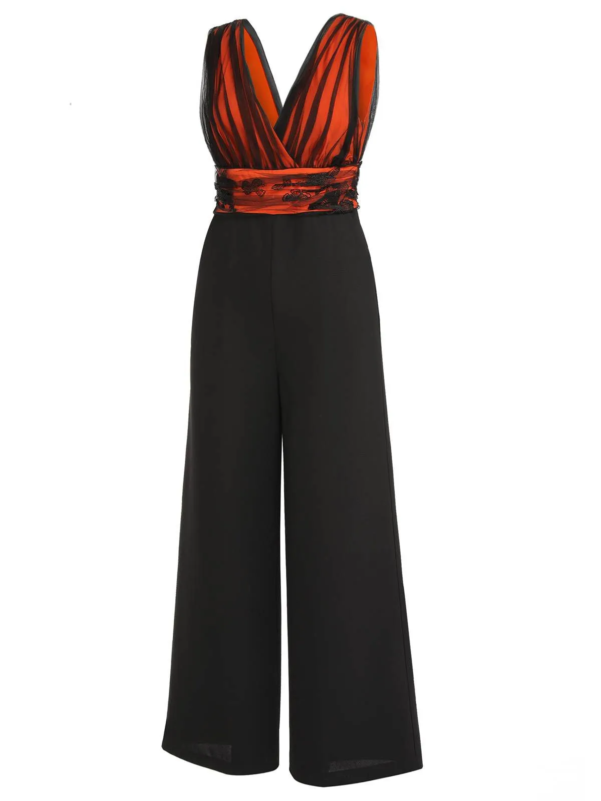 Orange 1930s Butterfly V-Neck Patchwork Jumpsuit