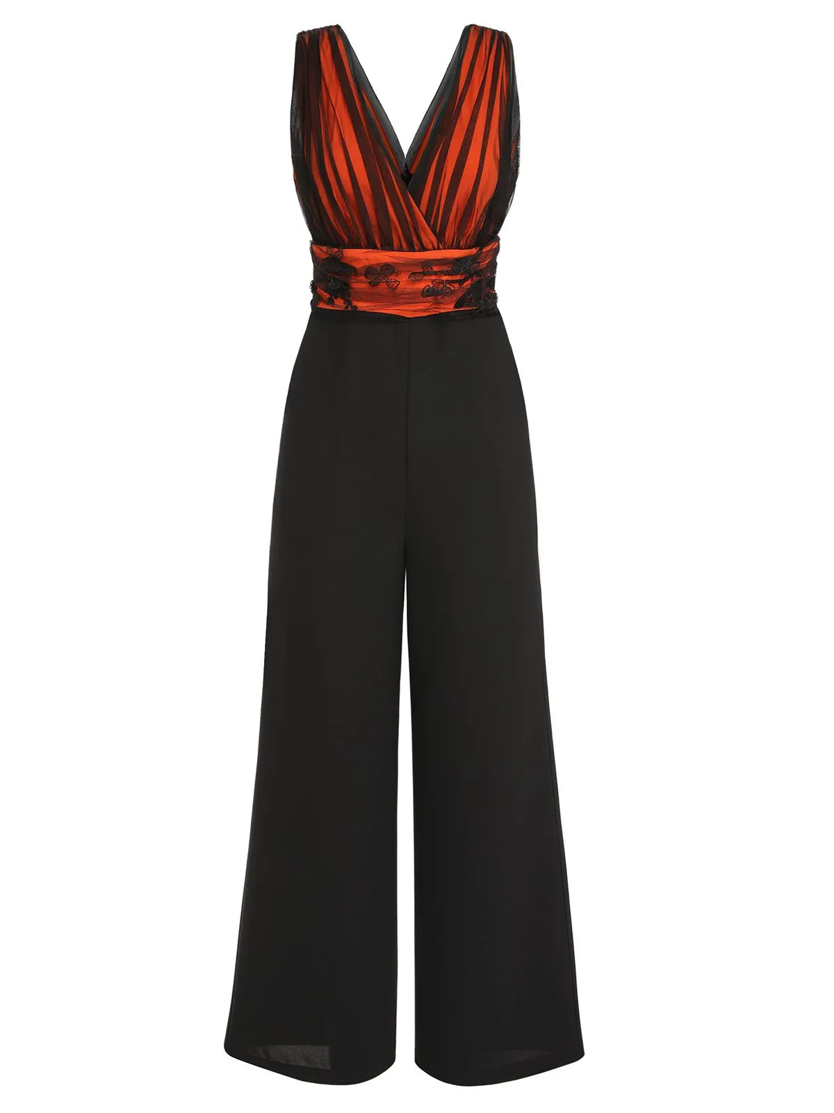 Orange 1930s Butterfly V-Neck Patchwork Jumpsuit