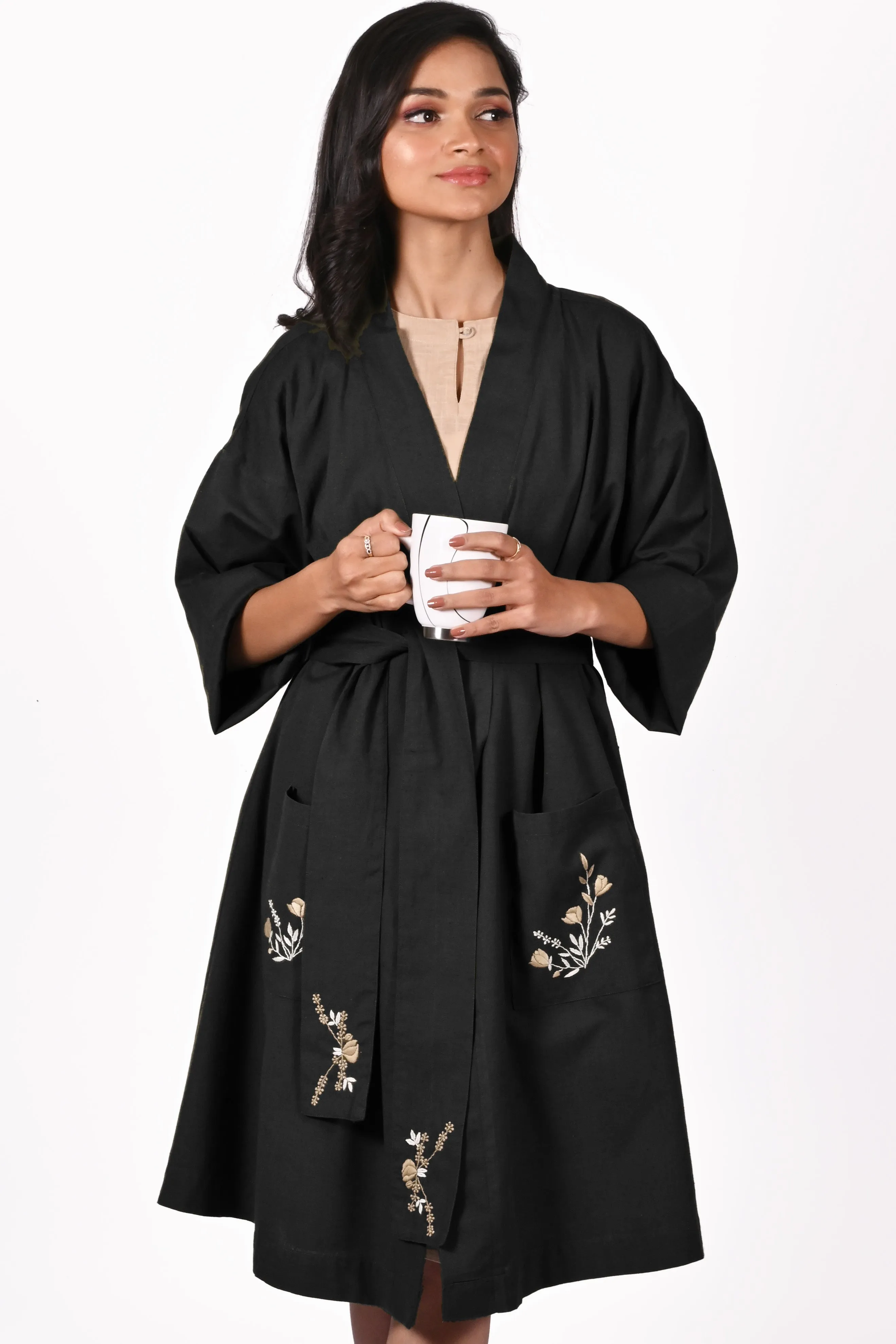 PALKI Cotton-Linen Hand Embroidered Stylish Lounge Robe: Made to Order/Customizable