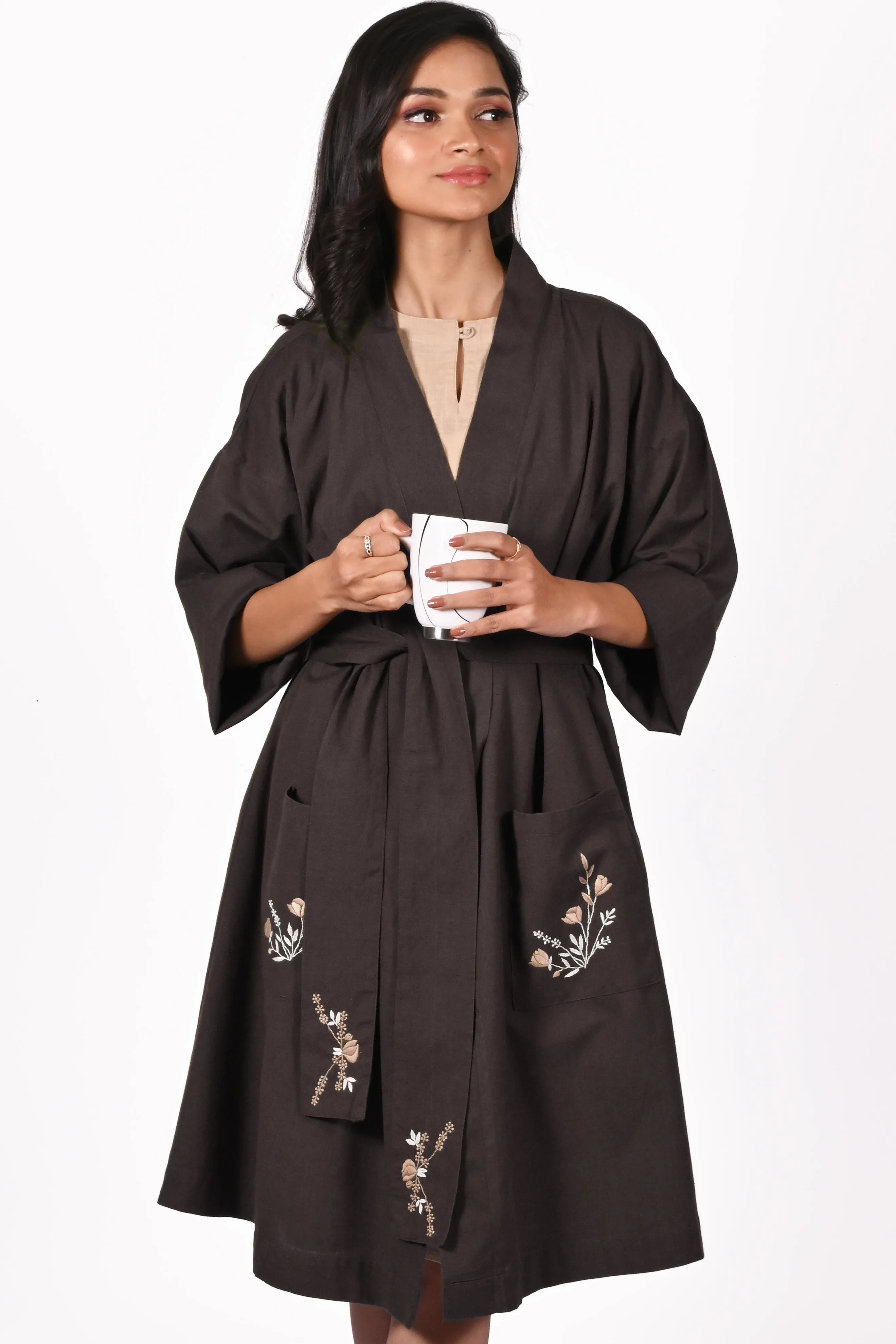 PALKI Cotton-Linen Hand Embroidered Stylish Lounge Robe: Made to Order/Customizable