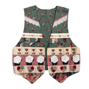 Patchwork Motif Waistcoat Vintage Reversible Green SIZE 16