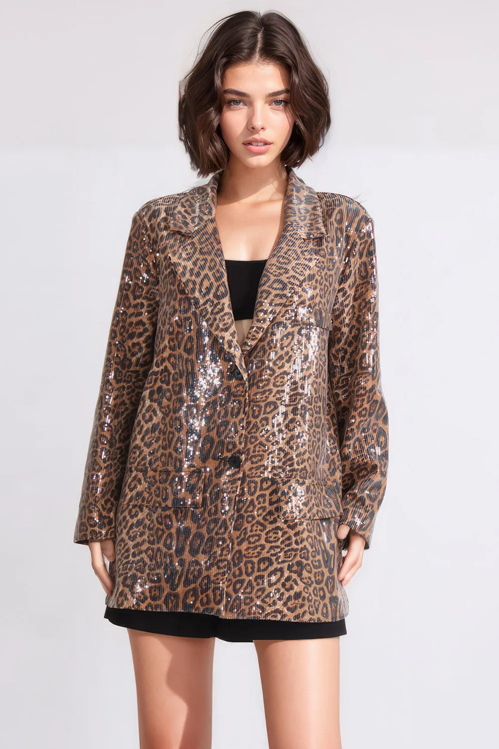 Patterned Blazer with Sequins - Brown