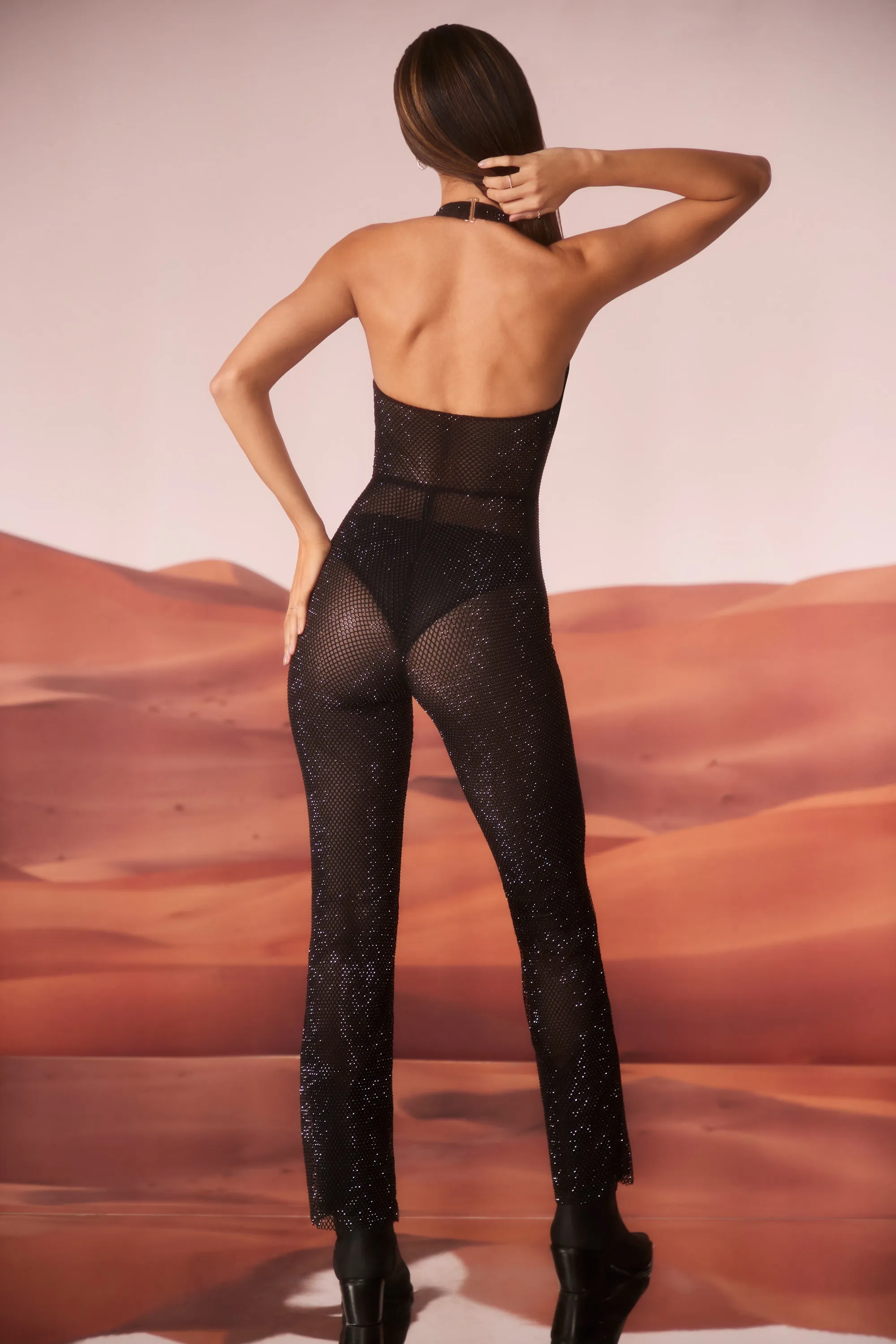 Petite Embellished Plunge Neck Jumpsuit in Black