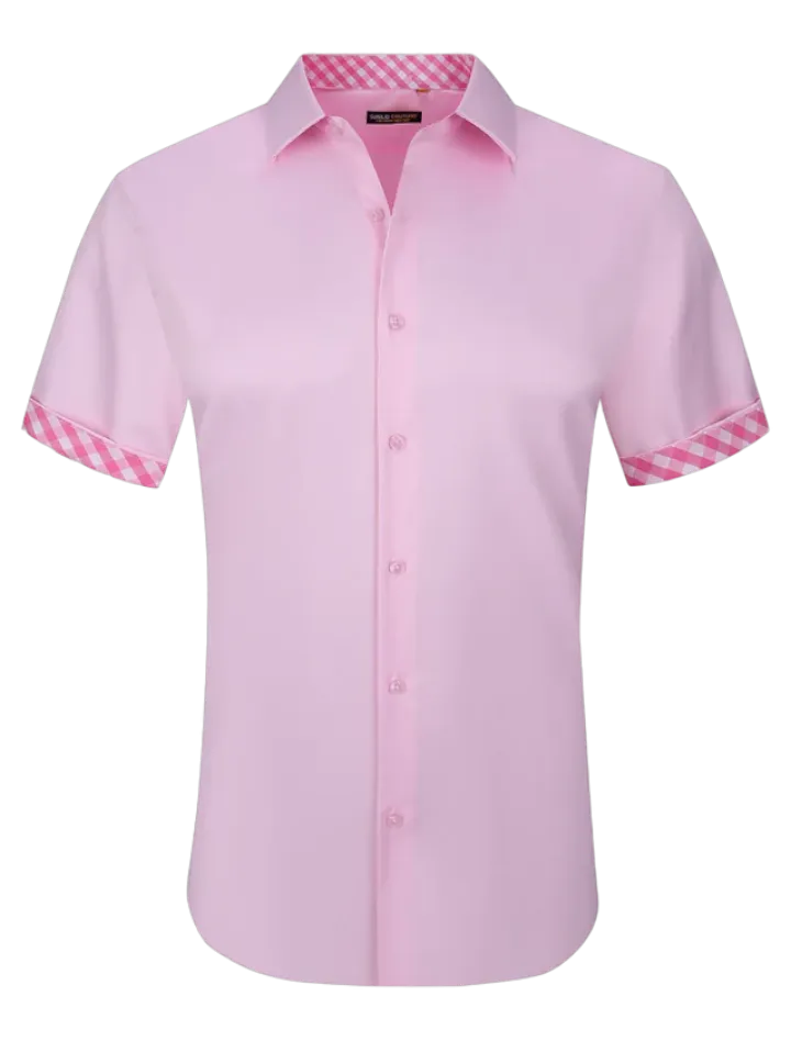 Pink men's short sleeve shirts stretch material fancy cuff on the sleeves