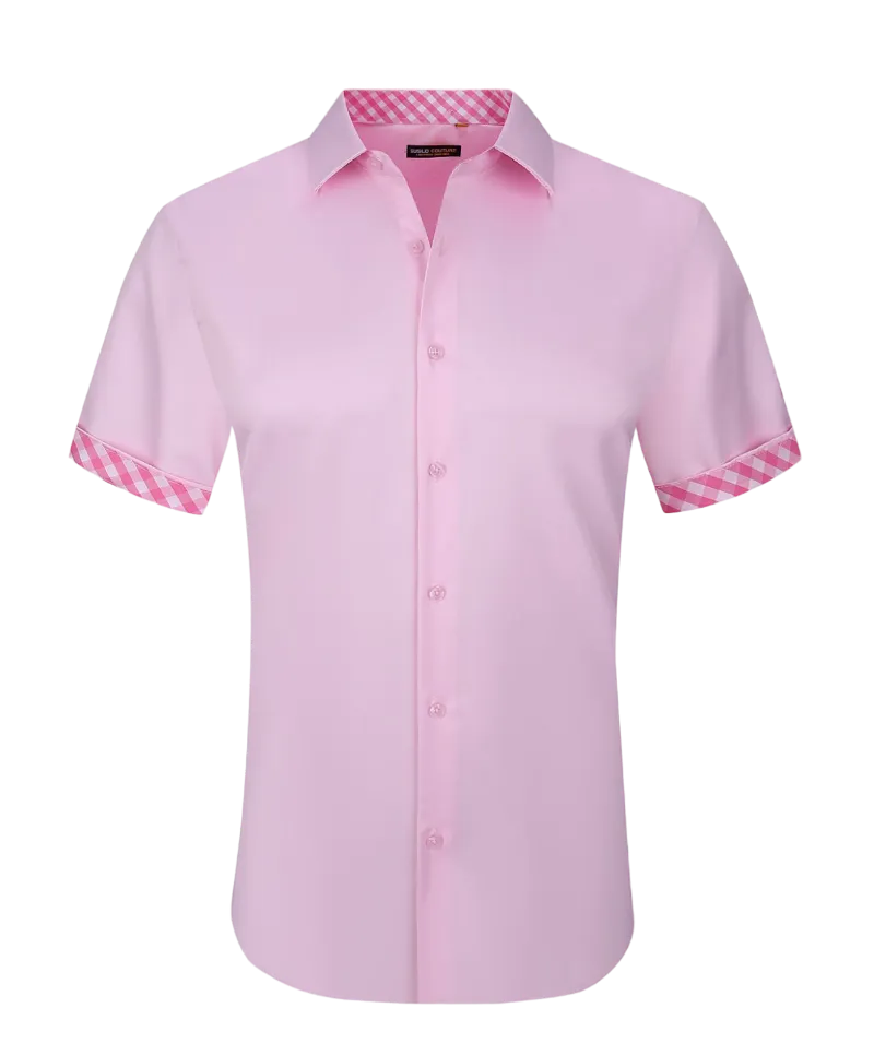 Pink men's short sleeve shirts stretch material fancy cuff on the sleeves