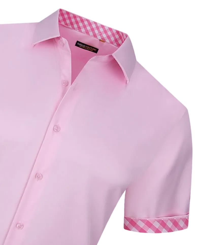 Pink men's short sleeve shirts stretch material fancy cuff on the sleeves