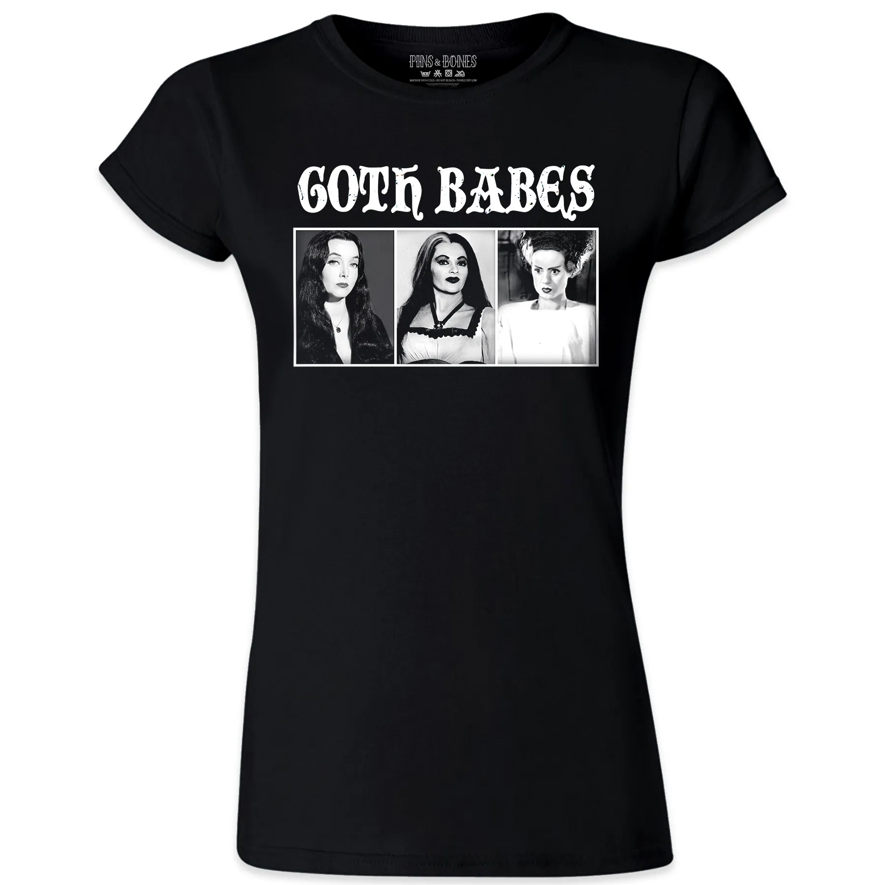 Pins & Bones Women's Goth Babes, Morticia, Lily, Bride of Frankenstein Black Top