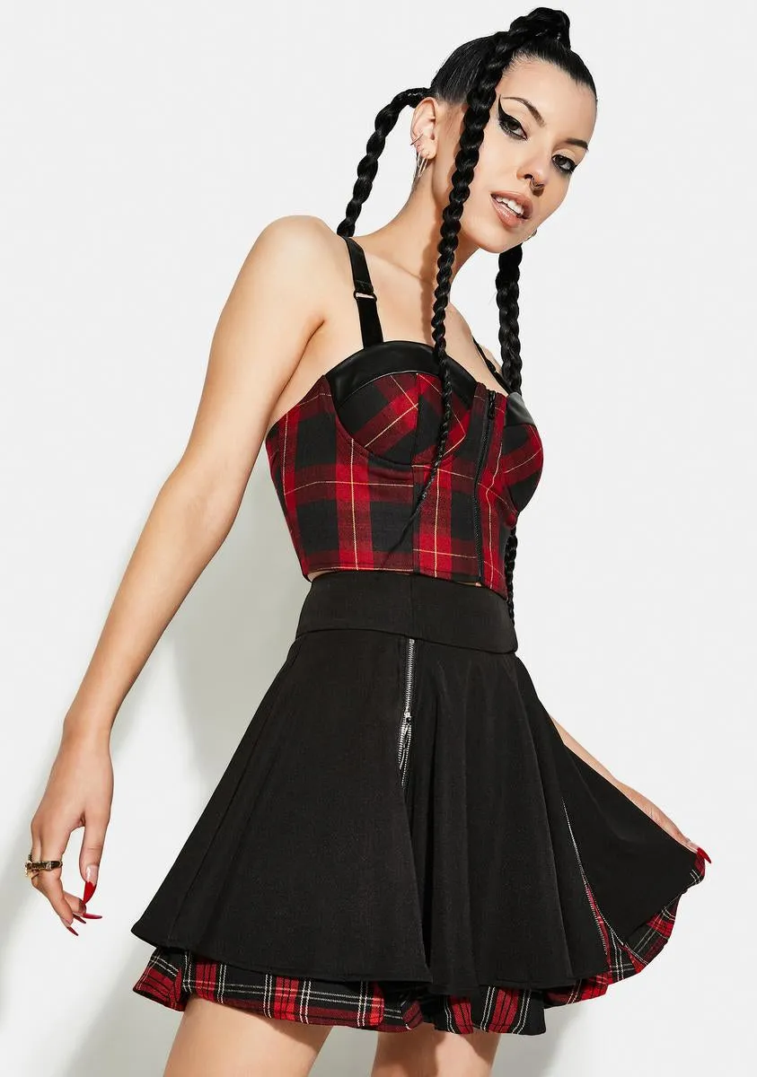 Plaid And Black Zipper Pleated Mini Skirt