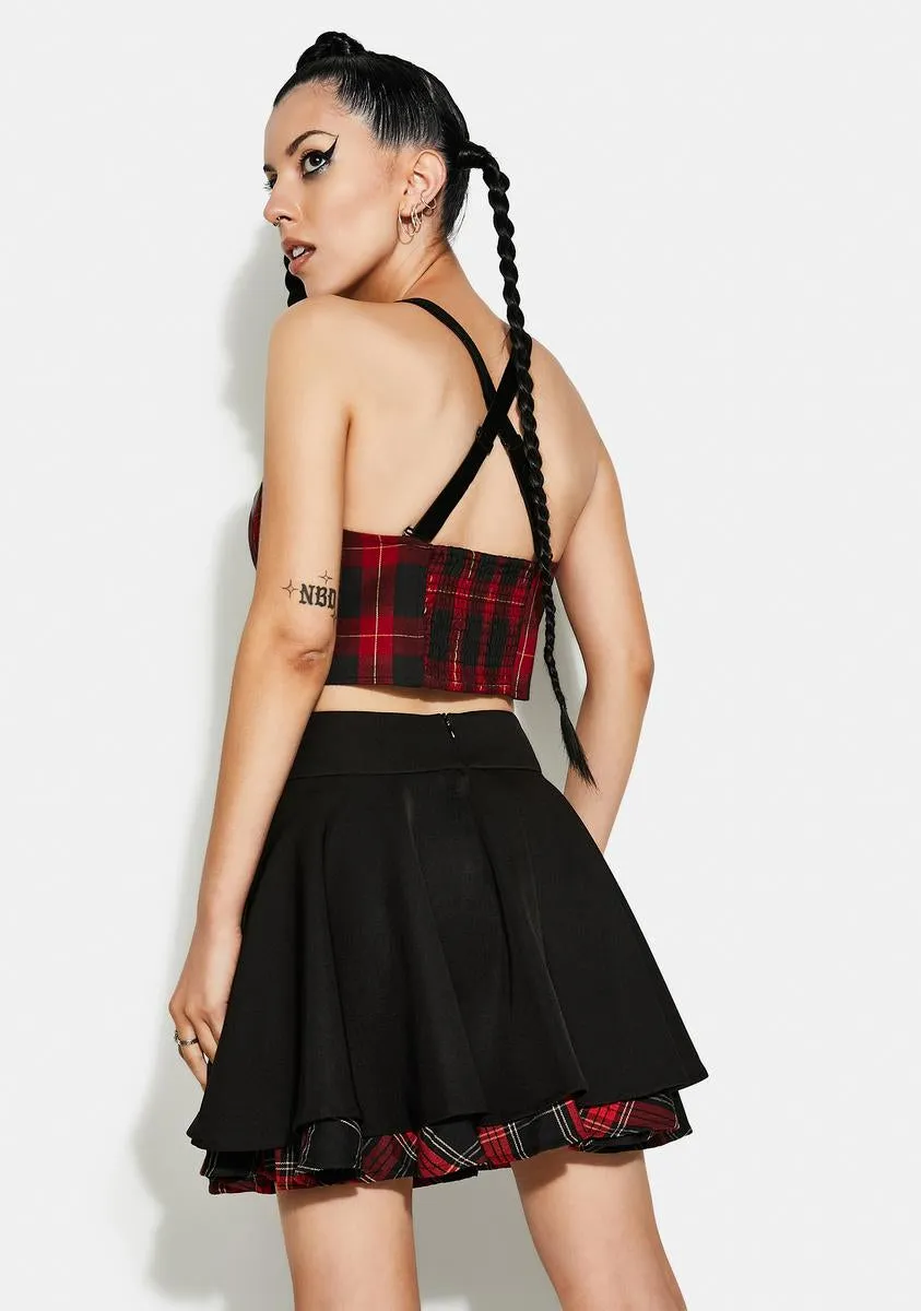 Plaid And Black Zipper Pleated Mini Skirt