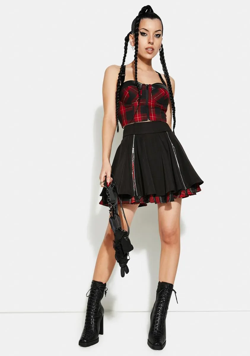 Plaid And Black Zipper Pleated Mini Skirt