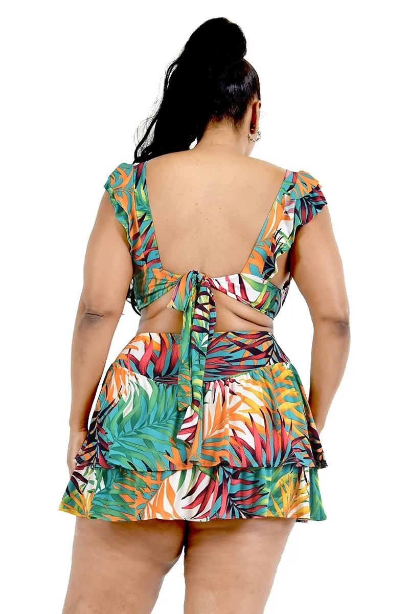 Plus Hot Summer Leaf Print 2 Piece Skirt Set