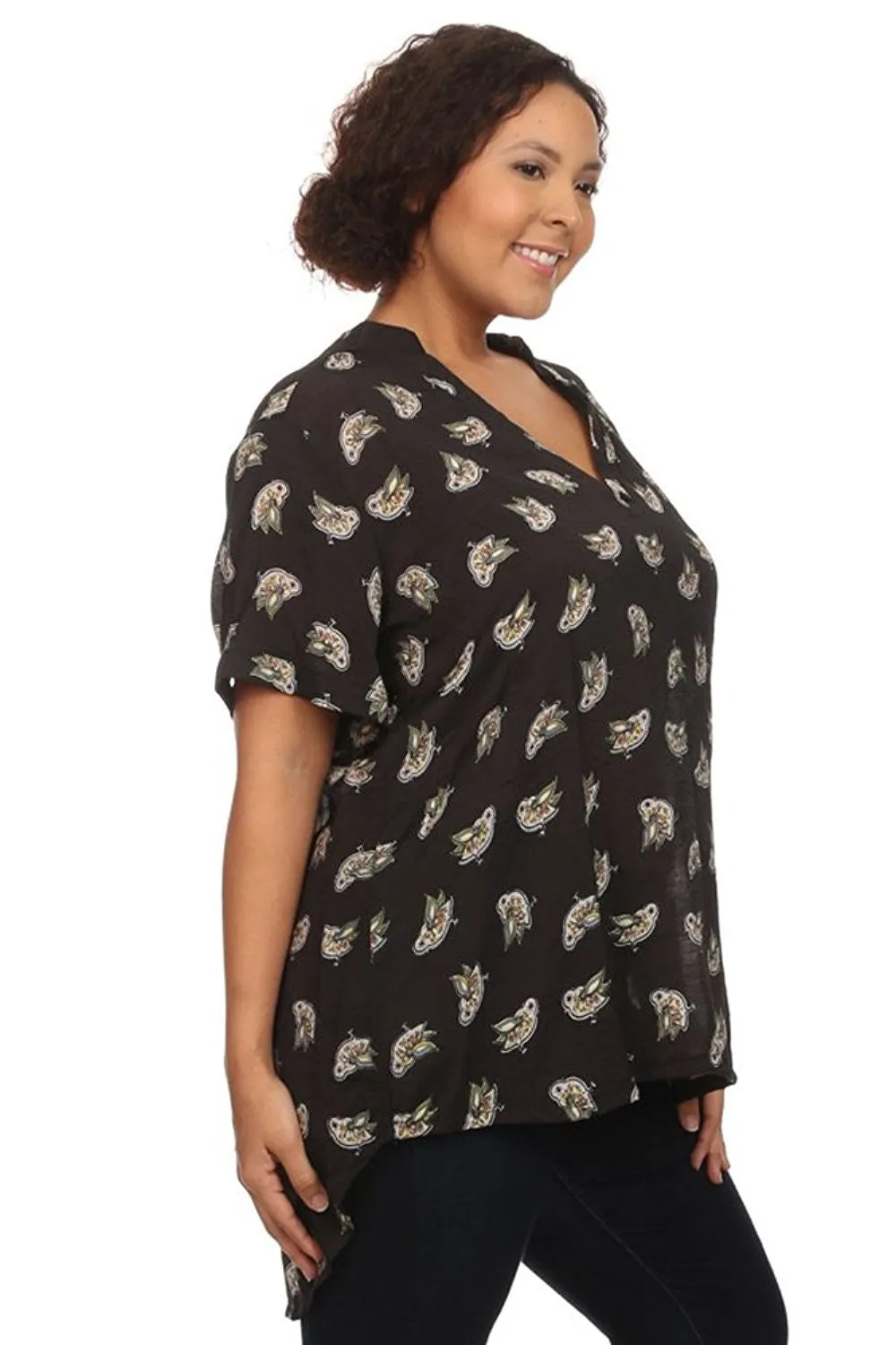 Plus Size Fashion Bird Design Short Sleeve Hi-Lo Top