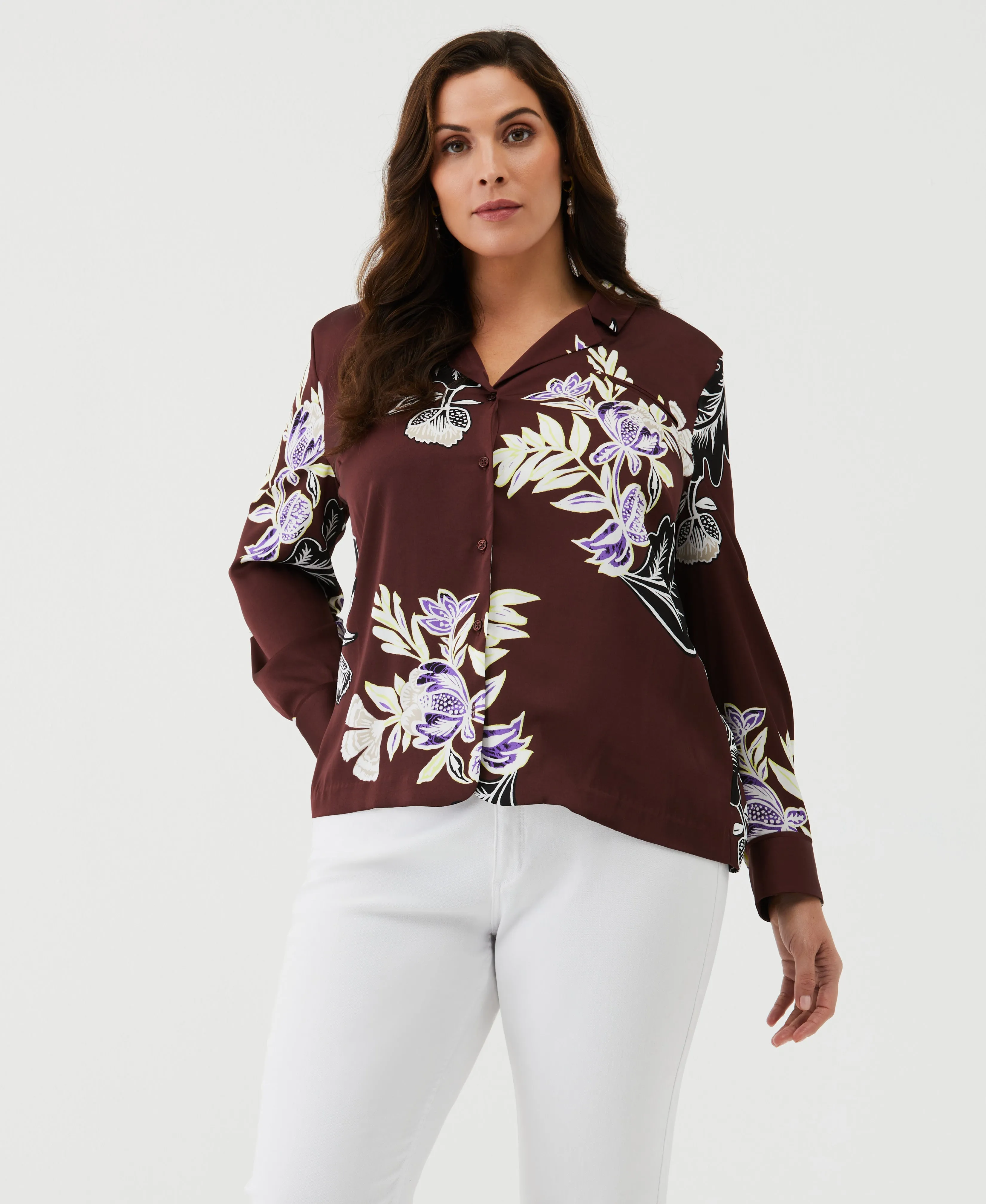 Plus Size Floral Print Shirt with Piping