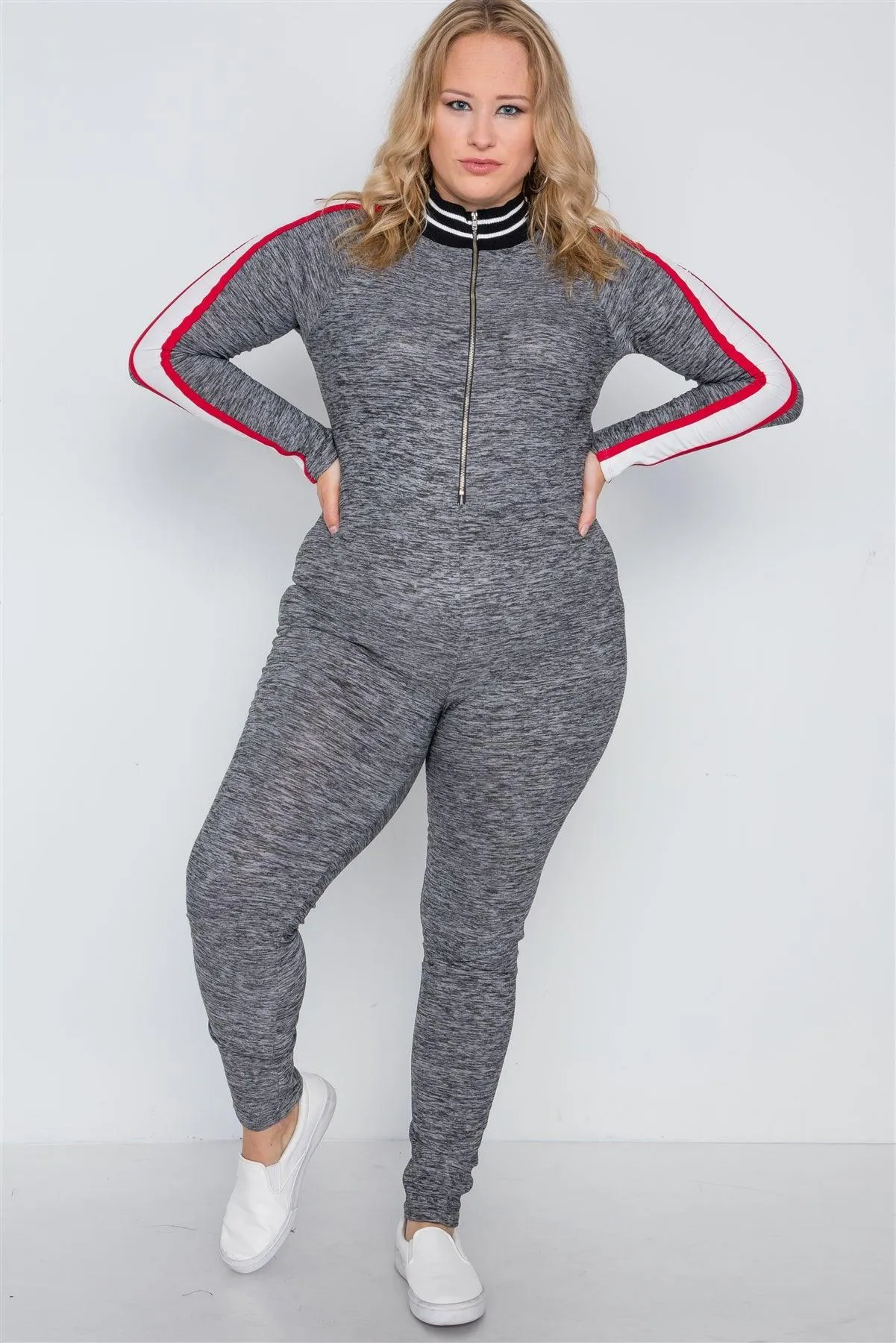 Plus Size Grey Heathered Colorblock Front Zip Jumpsuit