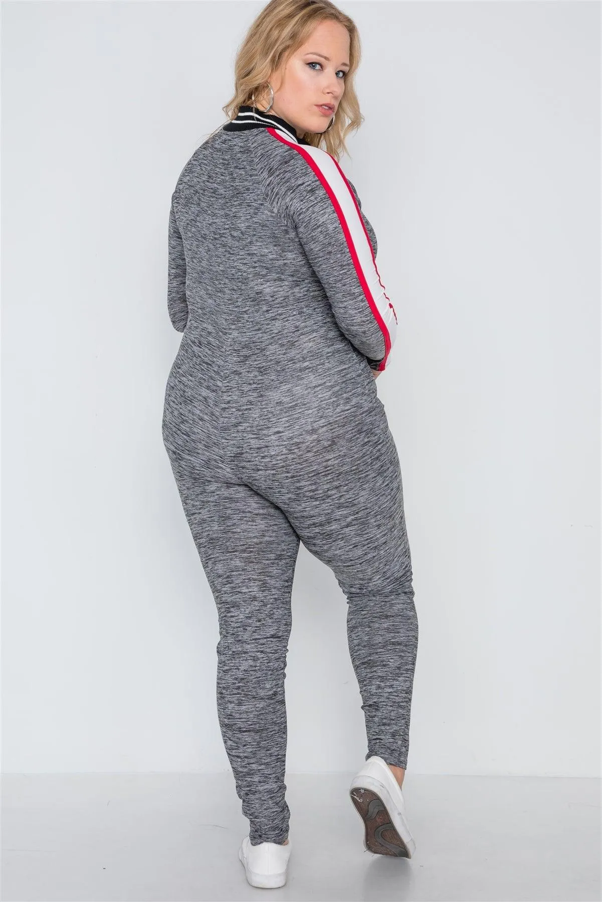 Plus Size Grey Heathered Colorblock Front Zip Jumpsuit