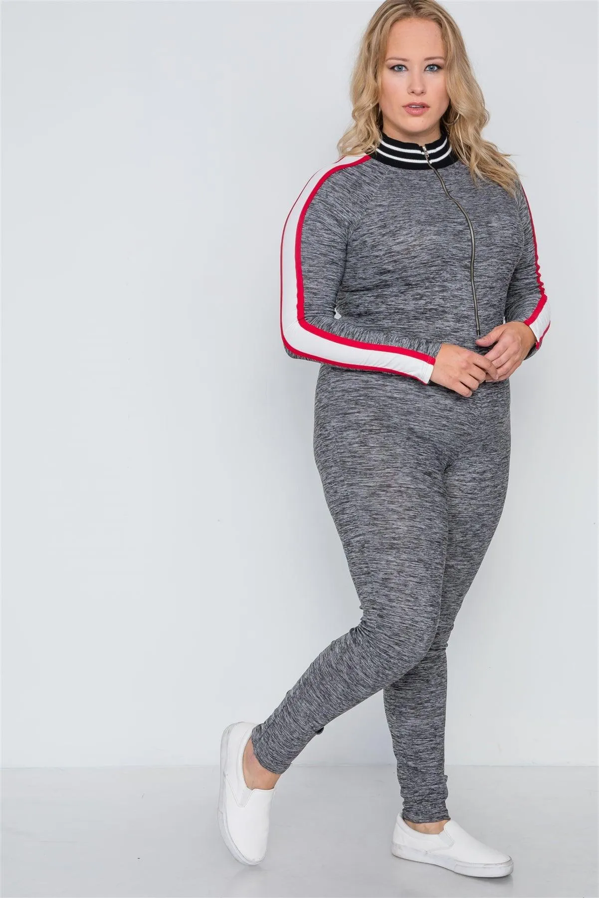 Plus Size Grey Heathered Colorblock Front Zip Jumpsuit