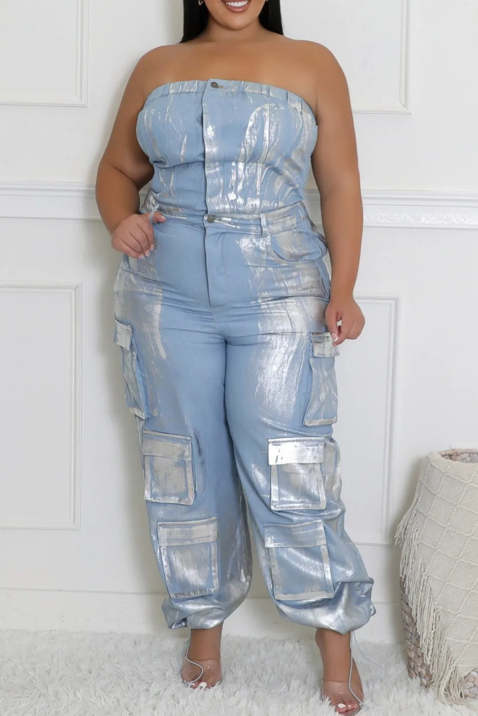 Plus Size Metallic Foil Cargo Jumpsuit