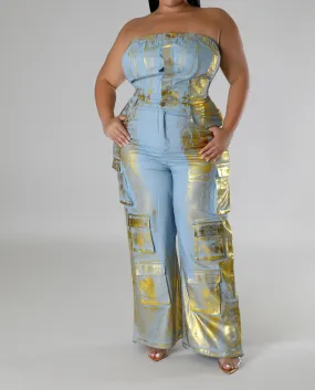 Plus Size Metallic Foil Cargo Jumpsuit