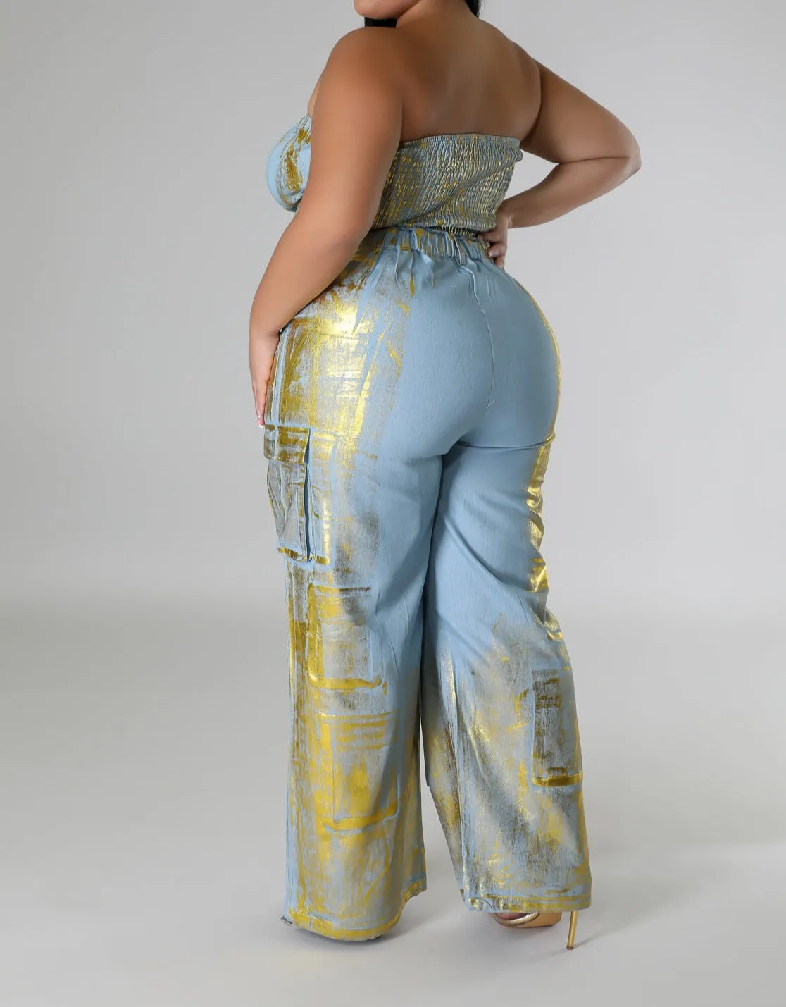 Plus Size Metallic Foil Cargo Jumpsuit