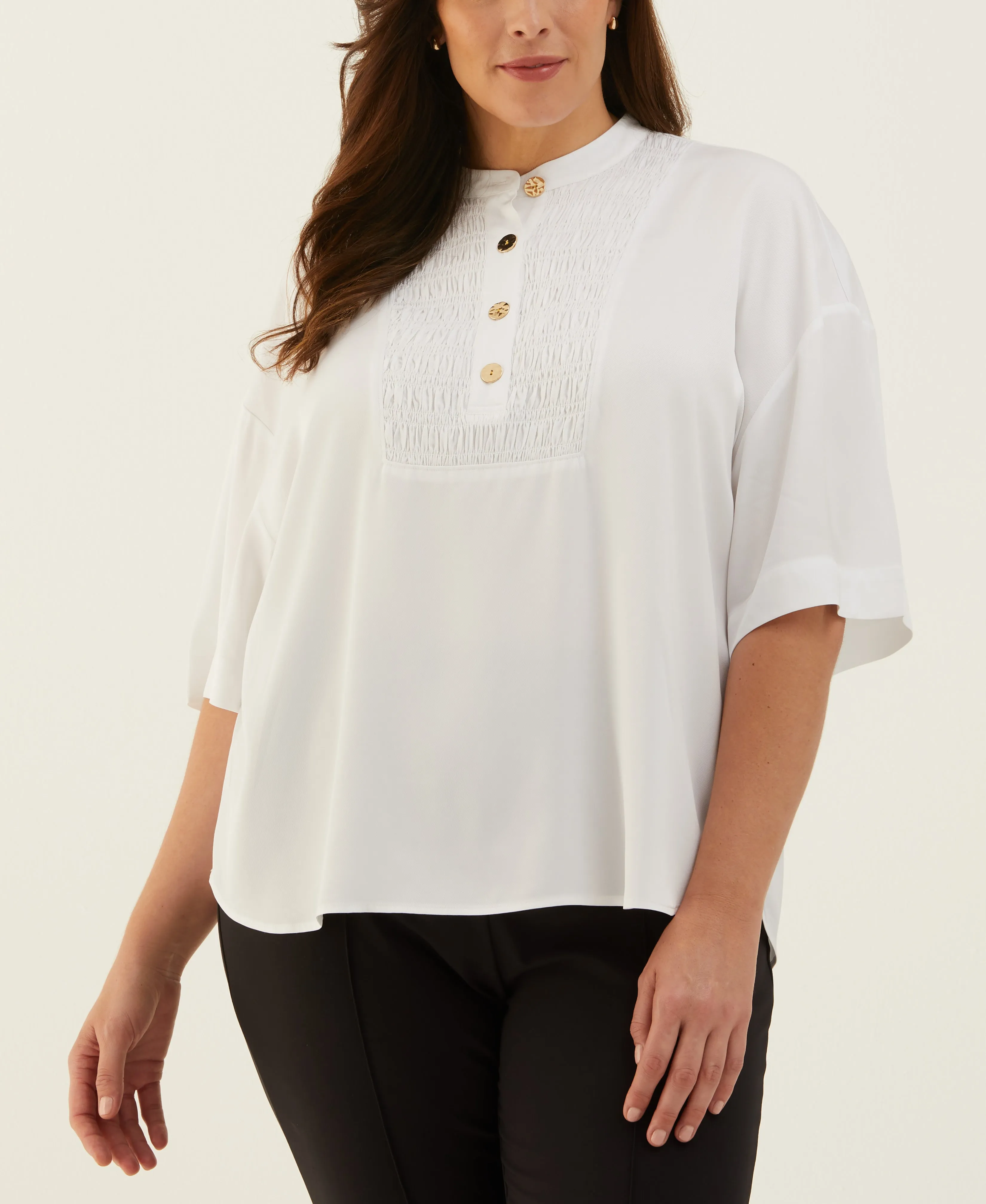 Plus Size Smocked Banded Collar Top