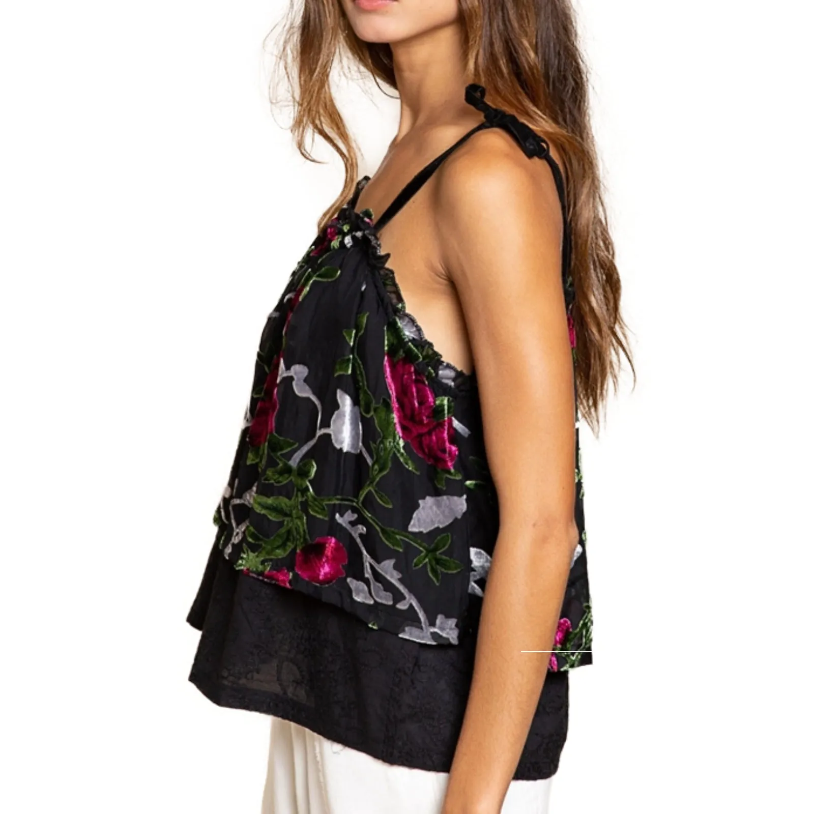 POL Women's Floral Burnout Velvet Embroidered Double Layered Ruffle Trim Cami Top