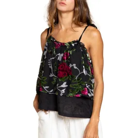 POL Women's Floral Burnout Velvet Embroidered Double Layered Ruffle Trim Cami Top