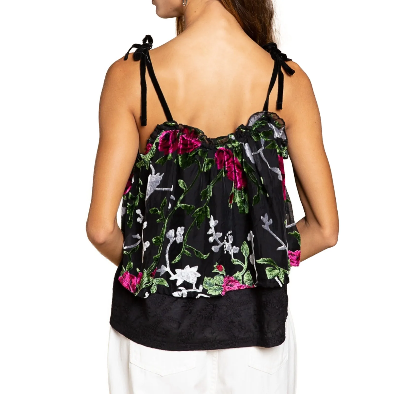 POL Women's Floral Burnout Velvet Embroidered Double Layered Ruffle Trim Cami Top