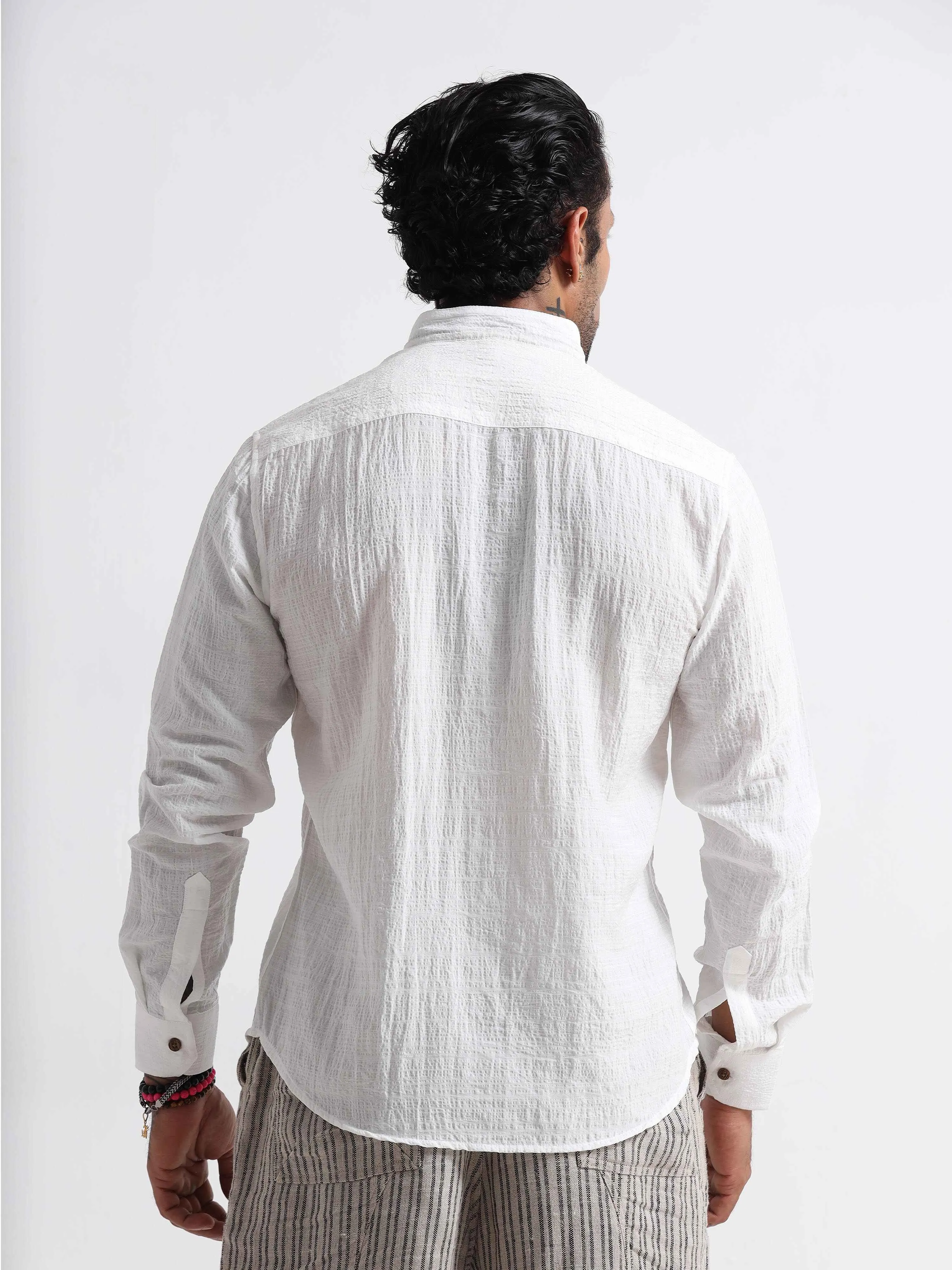 Premium Crushed Mandarin Shirt In White