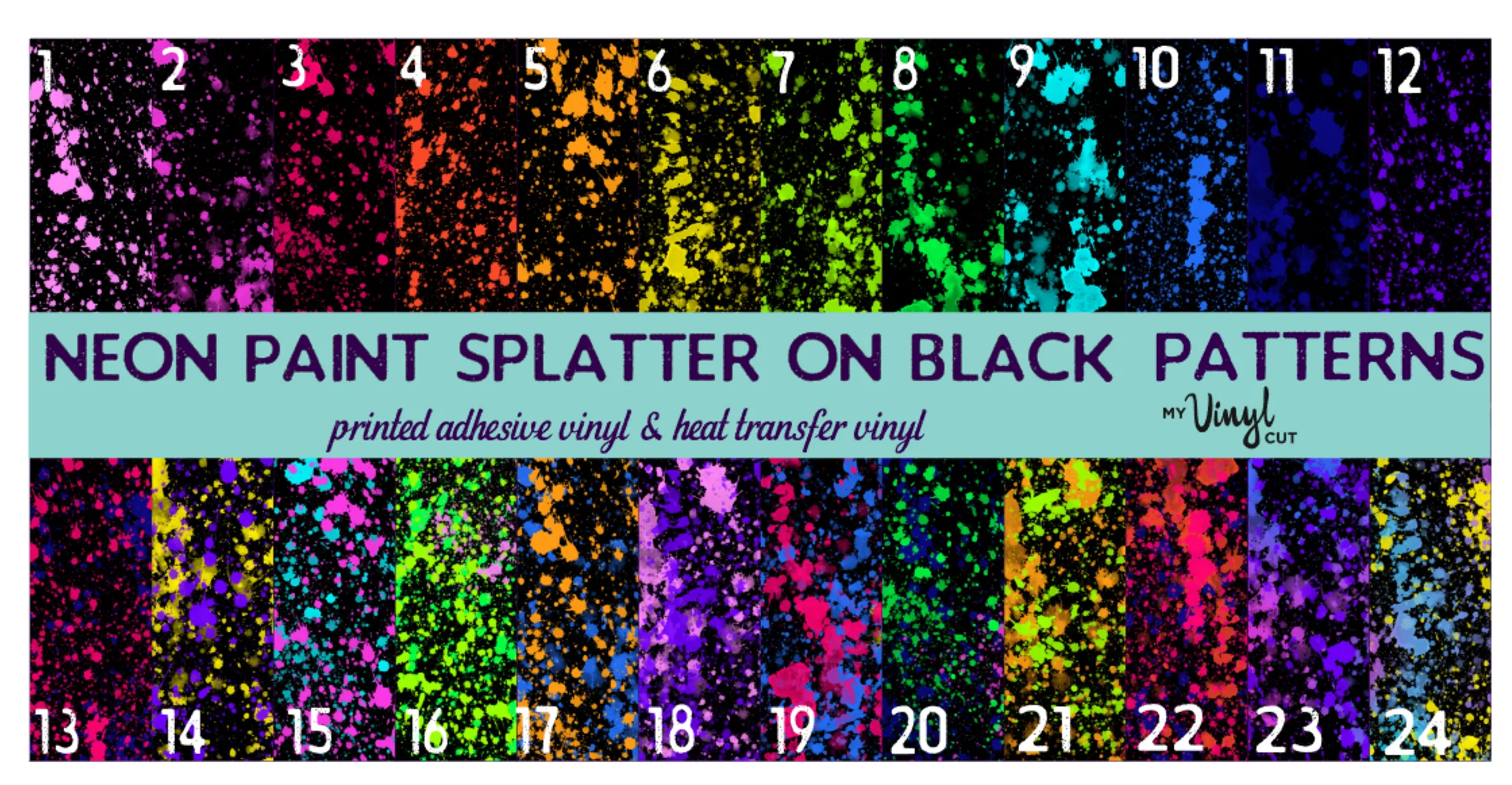 Printed Adhesive Vinyl NEON PAINT SPLATTER on Black Background