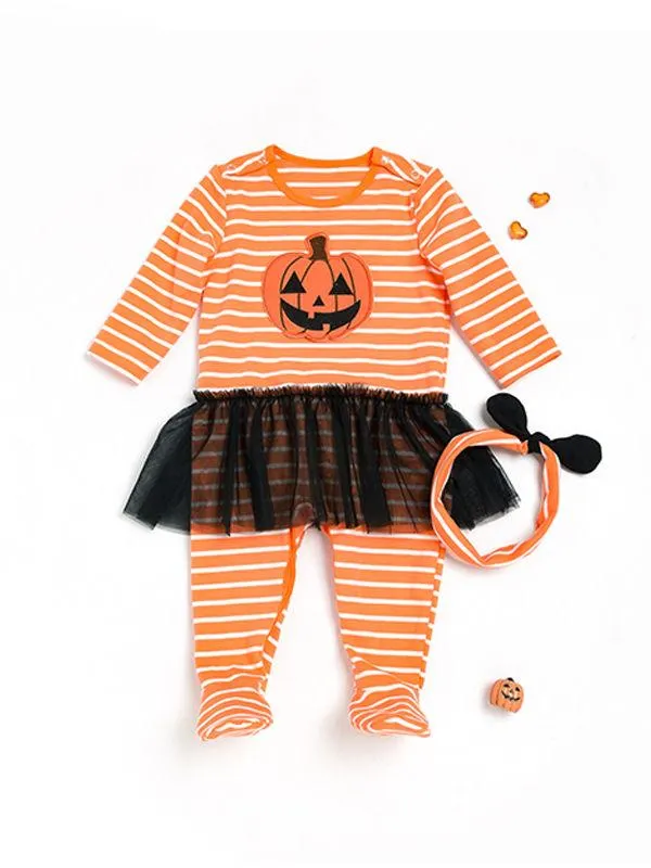 Pumpkin Smile Face Striped   Headband Halloween 2-piece Set