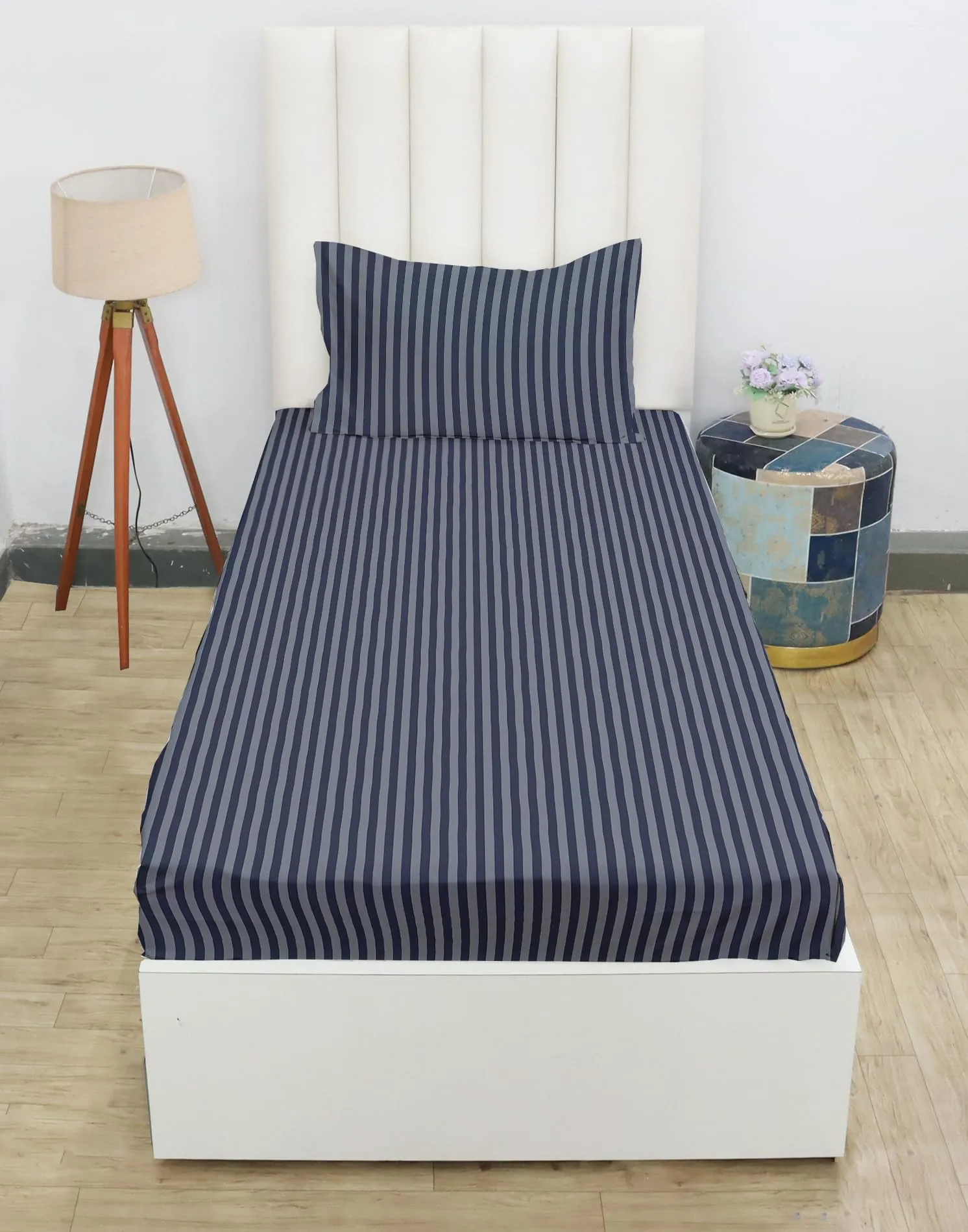 RD TREND Presents 210 tc Fully Elasticized Single Fitted Satin Stripes Plain Bedsheet for Single Bed King Size(72 x 48 x 8 Inch) with One Pillow Cover Color -Grey, Pattern-Striped