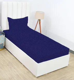 RD TREND Presents 210 tc Fully Elasticized Single Fitted Satin Stripes Plain Bedsheet for Single Bed King Size(72 x 48 x 8 Inch) with One Pillow Cover Color-Navy Blue, Pattern-Striped