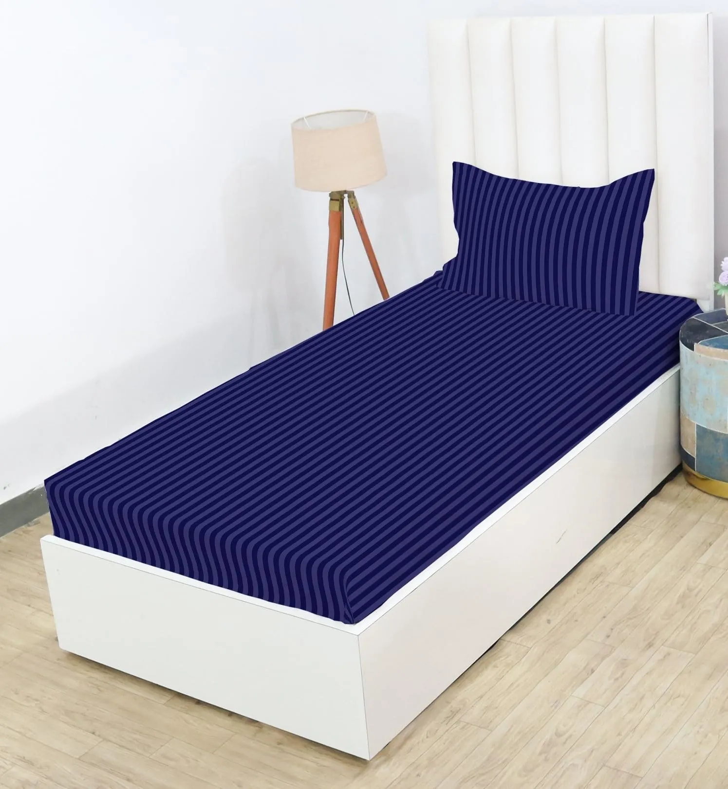 RD TREND Presents 210 tc Fully Elasticized Single Fitted Satin Stripes Plain Bedsheet for Single Bed King Size(72 x 48 x 8 Inch) with One Pillow Cover Color-Navy Blue, Pattern-Striped