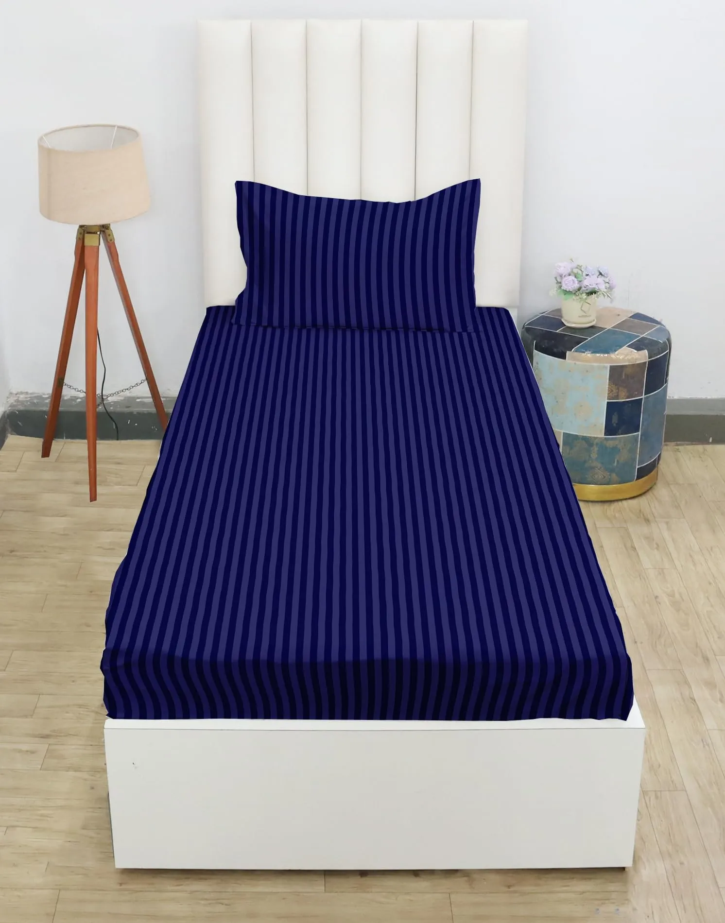 RD TREND Presents 210 tc Fully Elasticized Single Fitted Satin Stripes Plain Bedsheet for Single Bed King Size(72 x 48 x 8 Inch) with One Pillow Cover Color-Navy Blue, Pattern-Striped