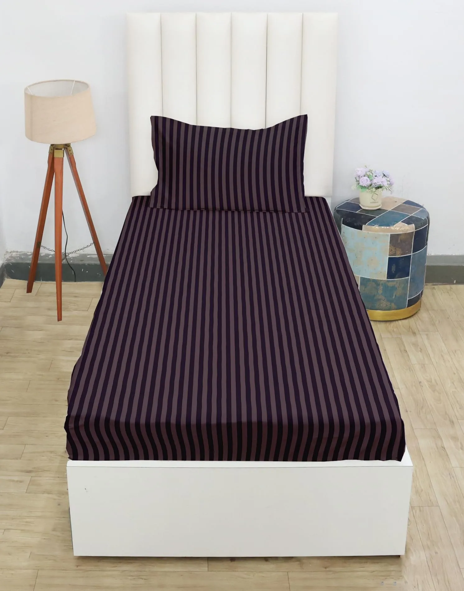 RD TREND Presents 210 tc Fully Elasticized Single Fitted Satin Stripes Plain Bedsheet for Single Bed King Size(72 x 48 x 8 Inch) with One Pillow Covers Color-Coffee, Pattern-Striped