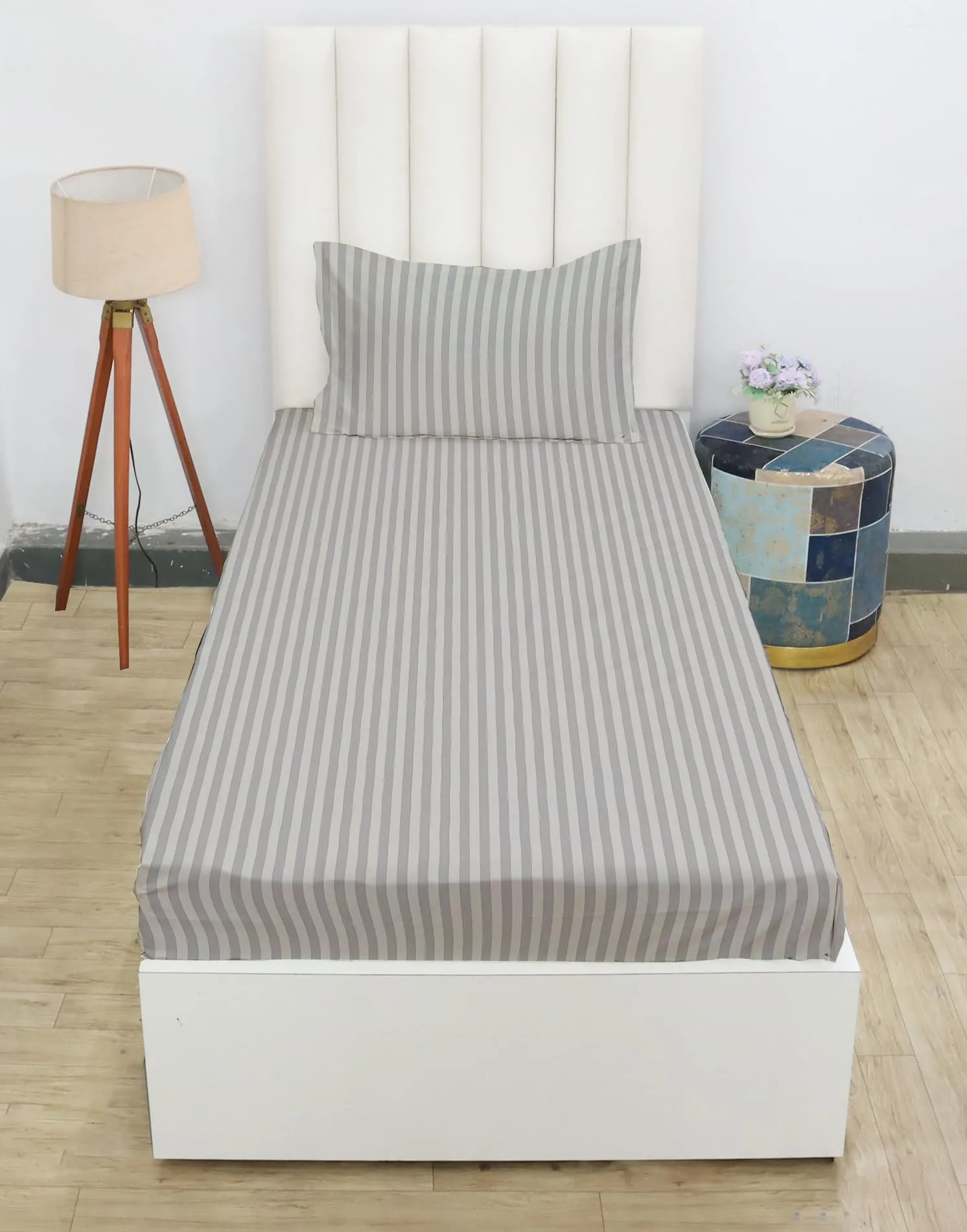 RD TREND Presents 210 tc Fully Elasticized Single Fitted Satin Stripes Plain Bedsheet for Single Bed King Size(72 x 48 x 8 Inch) with One Pillow Covers Color-Lite Beige, Pattern-Striped