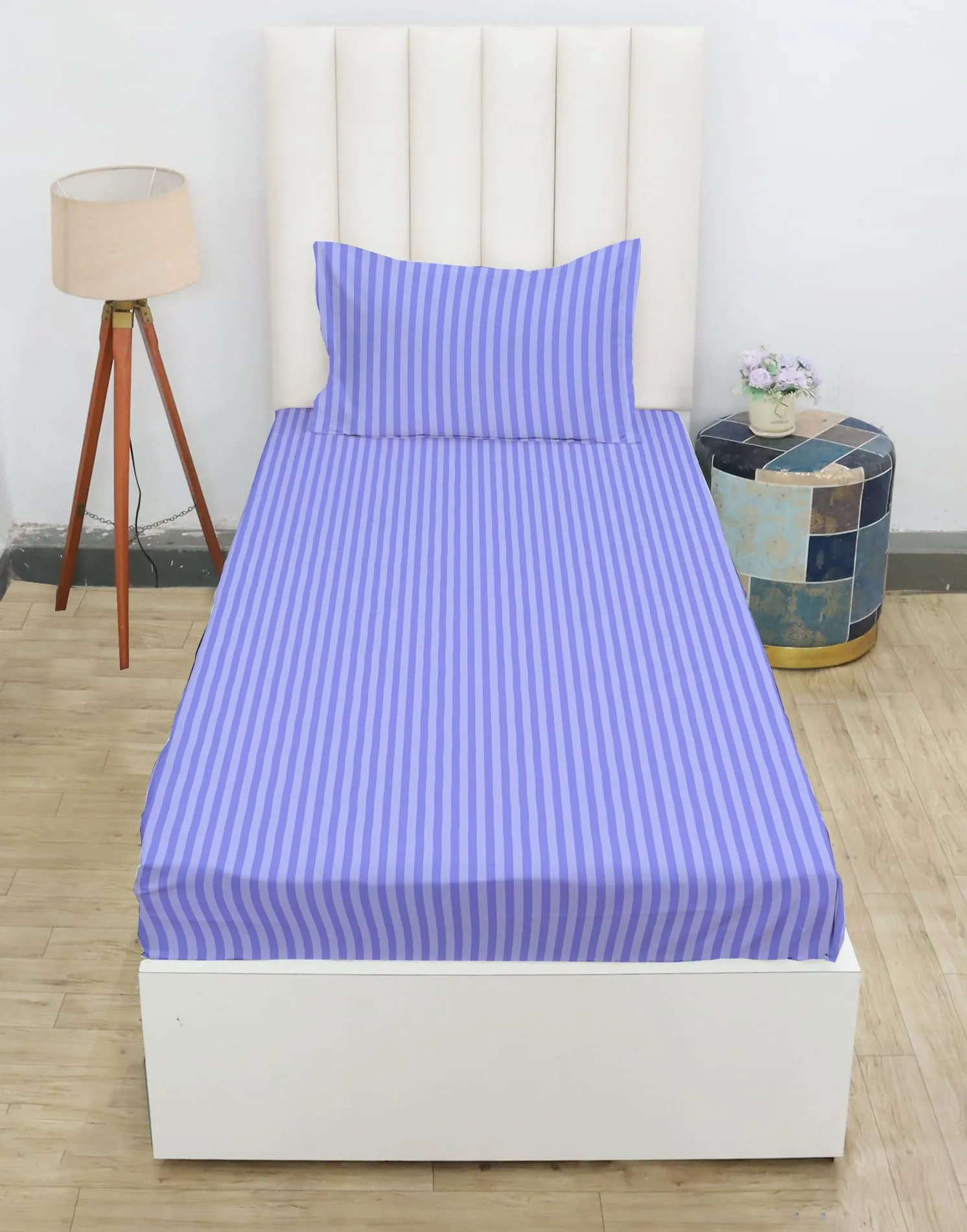 RD TREND Presents 210 tc Fully Elasticized Single Fitted Satin Stripes Plain Bedsheet for Single Bed King Size(72 x 48 x 8 Inch) with One Pillow Covers Color-Purple,Pattern-Striped