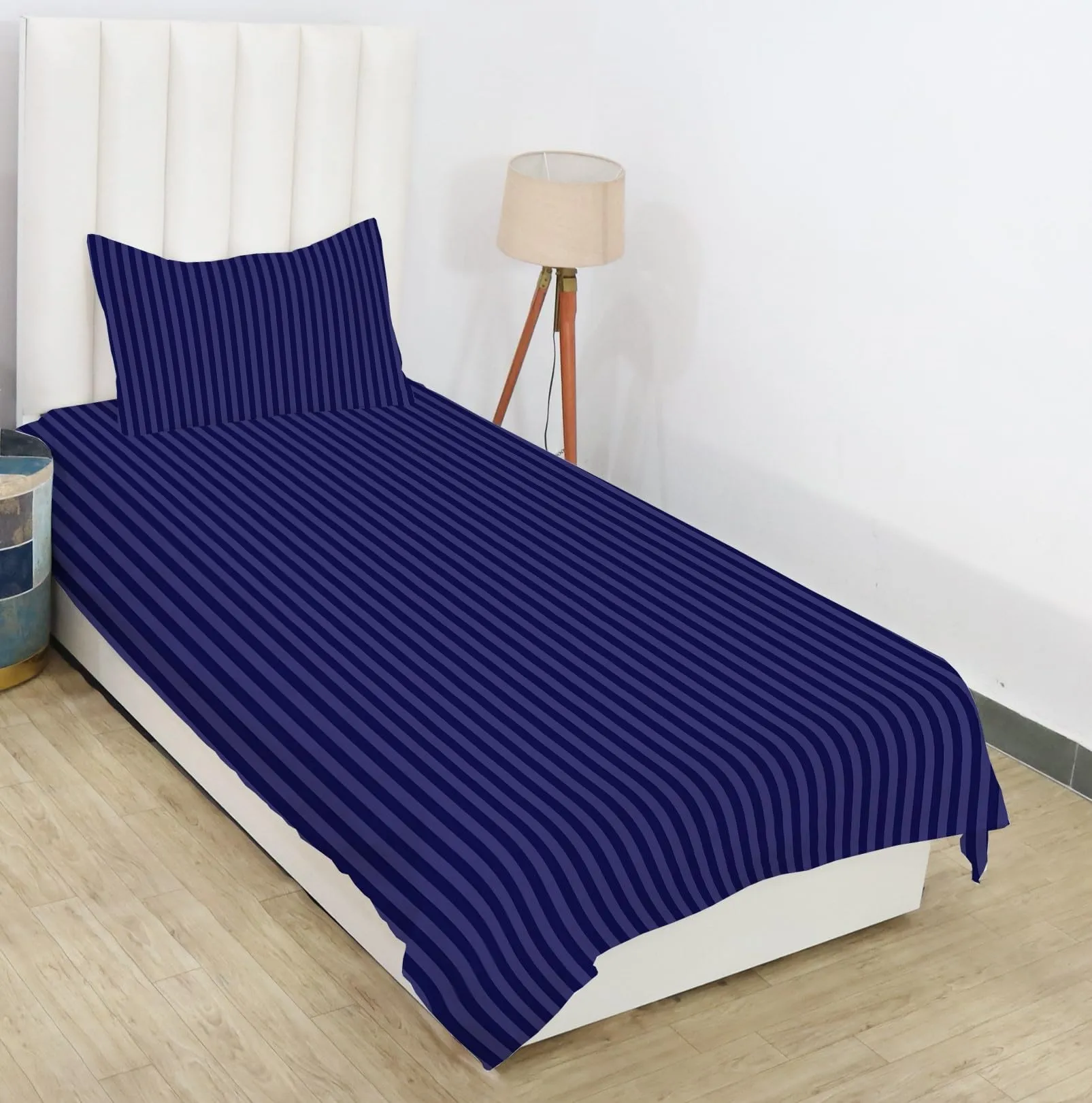 RD TREND Presents 210 tc Single Flat Satin Stripes Plain Bedsheet for Single Bed Size(90x 60 Inch) with One Pillow Covers Color- Navy Blue,Pattern-Striped