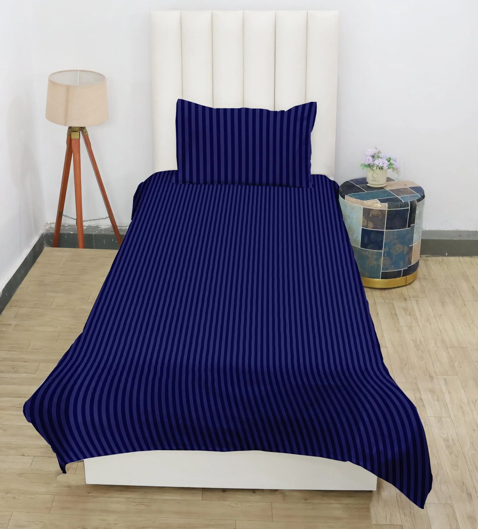 RD TREND Presents 210 tc Single Flat Satin Stripes Plain Bedsheet for Single Bed Size(90x 60 Inch) with One Pillow Covers Color- Navy Blue,Pattern-Striped