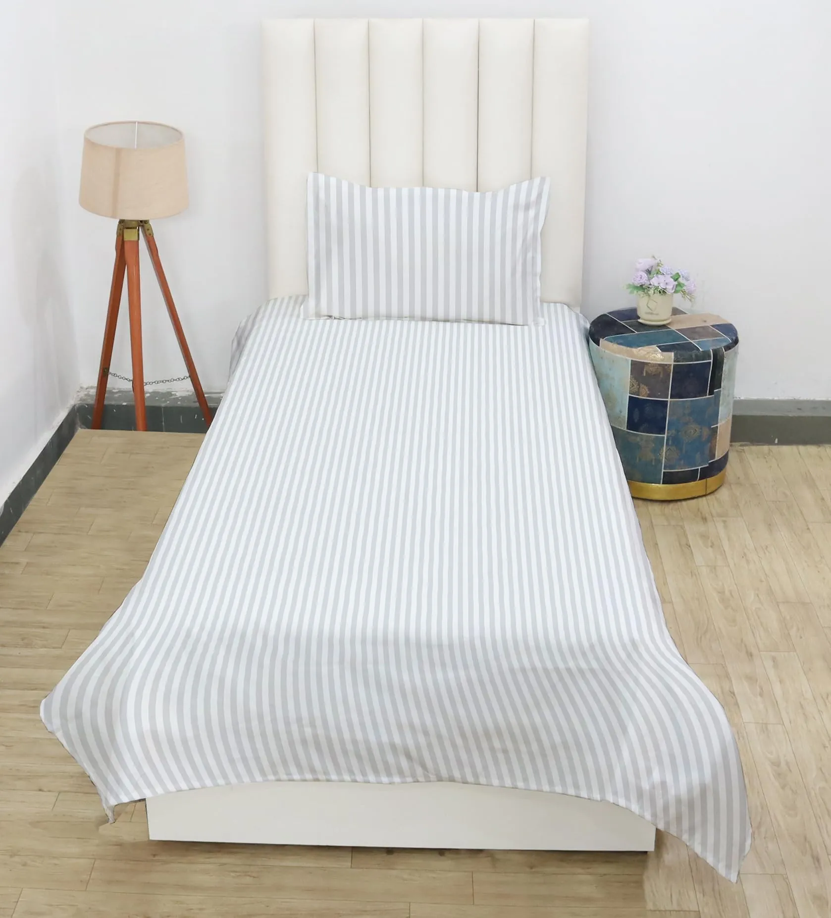 RD TREND Presents 210 tc Single Flat Satin Stripes Plain Bedsheet for Single Bed Size(90x 60 Inch) with One Pillow Covers Color-White, Pattern-Striped