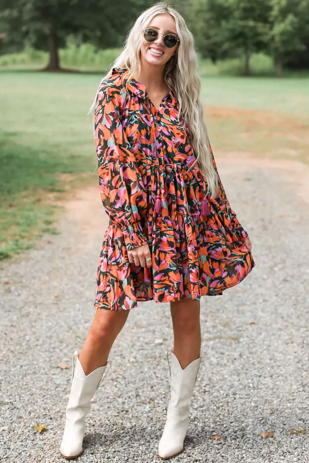 Red Boho Floral Print Shirred Cuffs Mini Tiered Dress