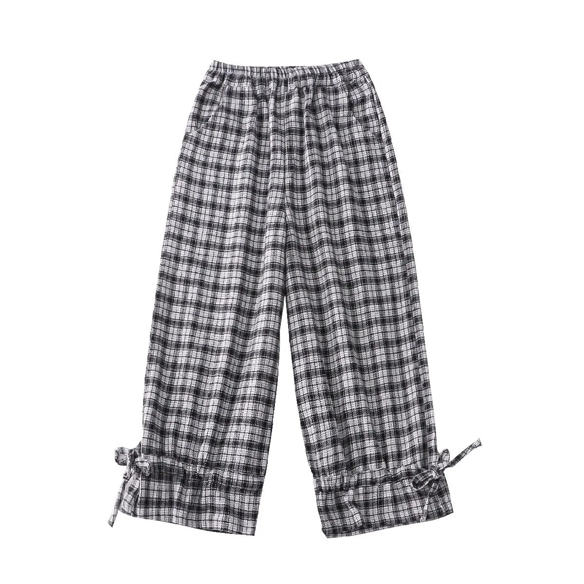 Retro plaid high waist loose baggy trousers bloomers ankle tied wide-leg pants cotton wool fabric above ankle