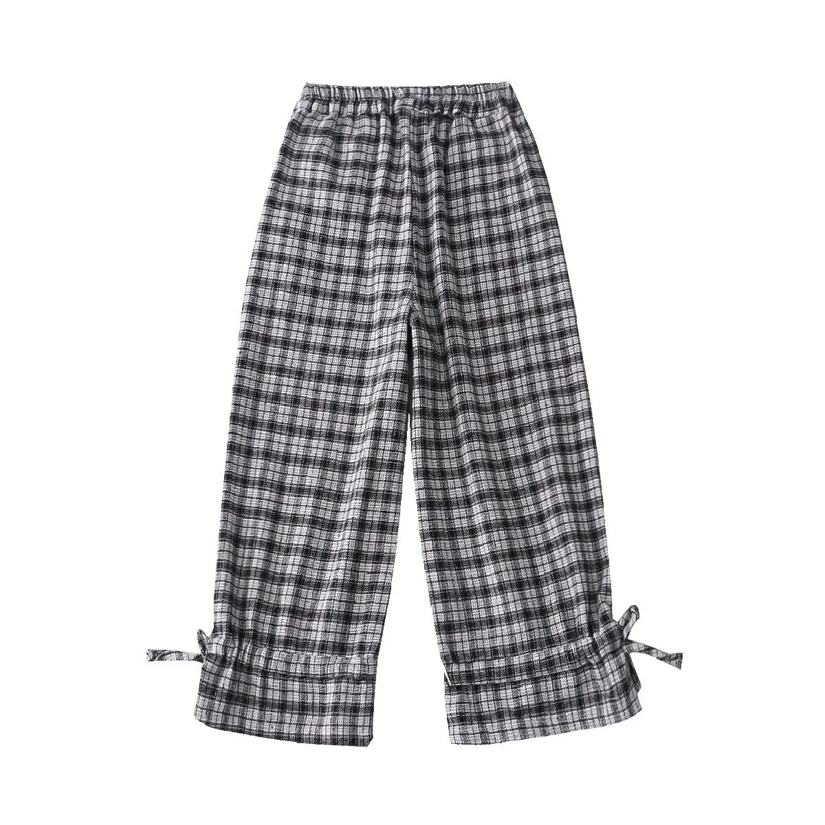 Retro plaid high waist loose baggy trousers bloomers ankle tied wide-leg pants cotton wool fabric above ankle