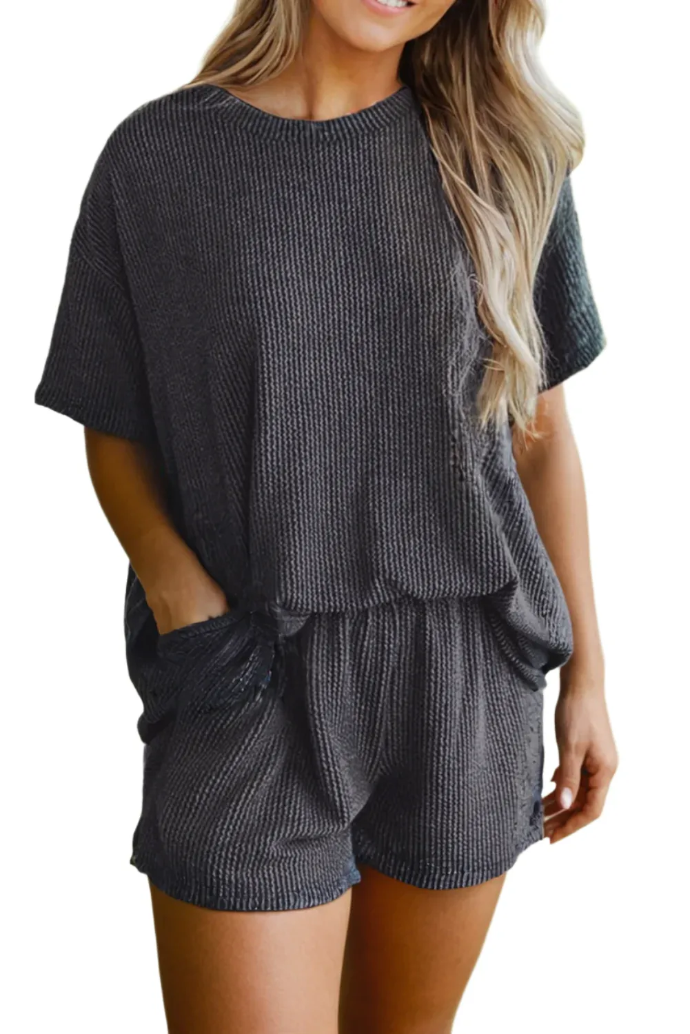 Ribbed Textured Knit Loose Fit Tee and Shorts Set in Gray