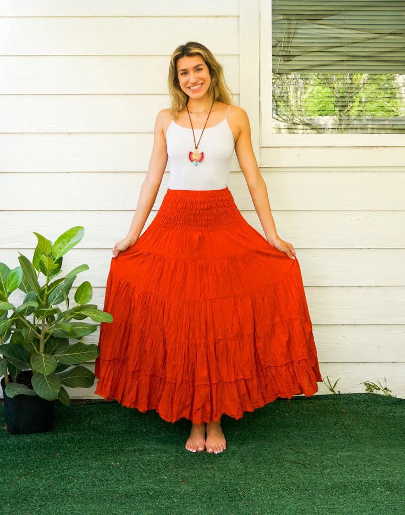 Rust Raw Crinkled Organic Cotton Gauze Tiered Maxi Skirt