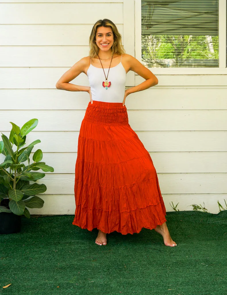 Rust Raw Crinkled Organic Cotton Gauze Tiered Maxi Skirt