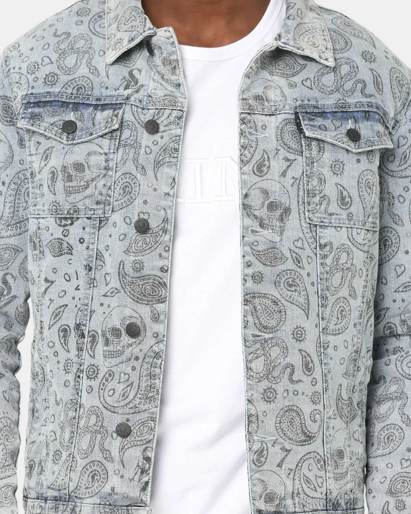 Saint Morta Paisley Skulls Sherpa Jacket Stone Wash Blue