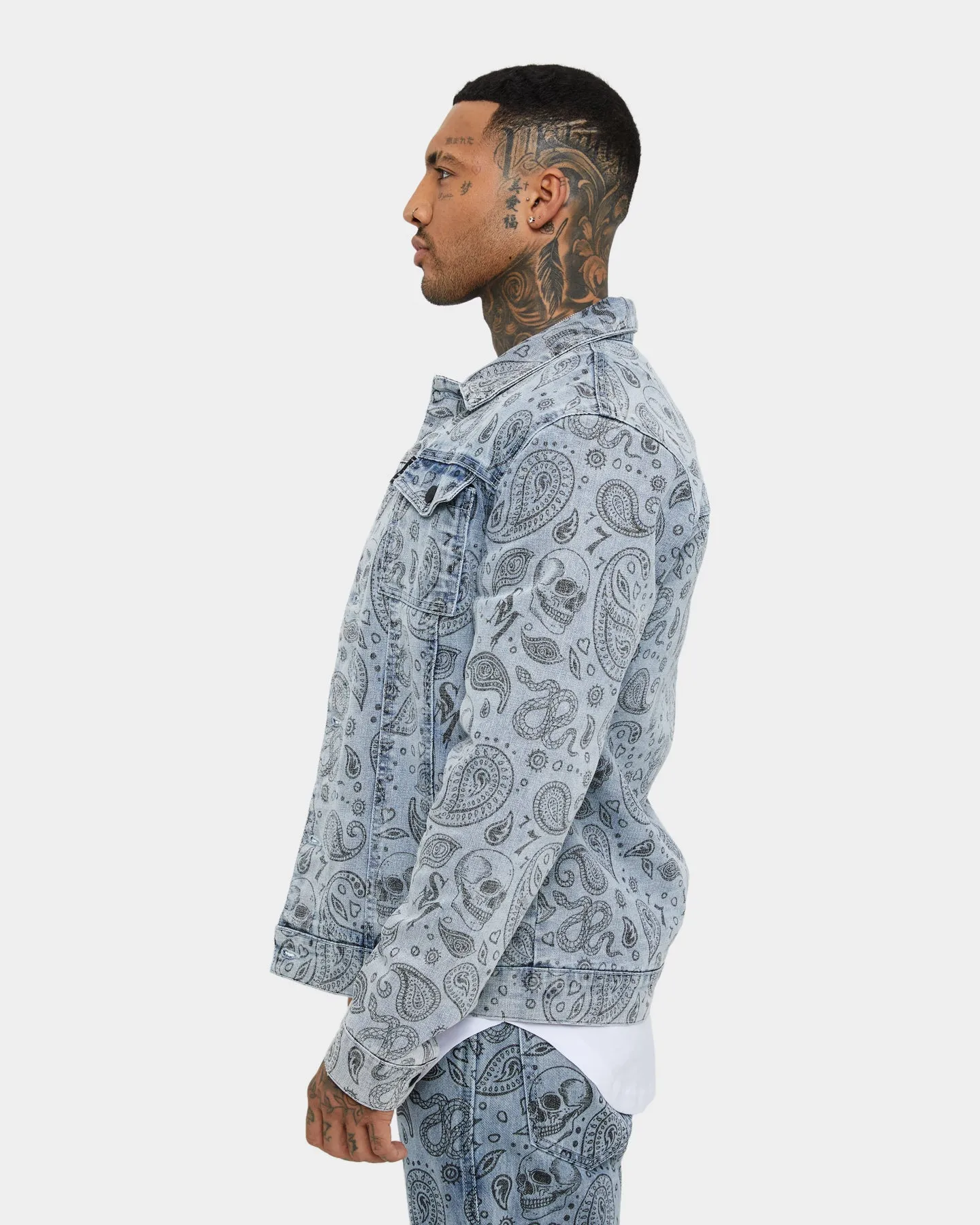 Saint Morta Paisley Skulls Sherpa Jacket Stone Wash Blue