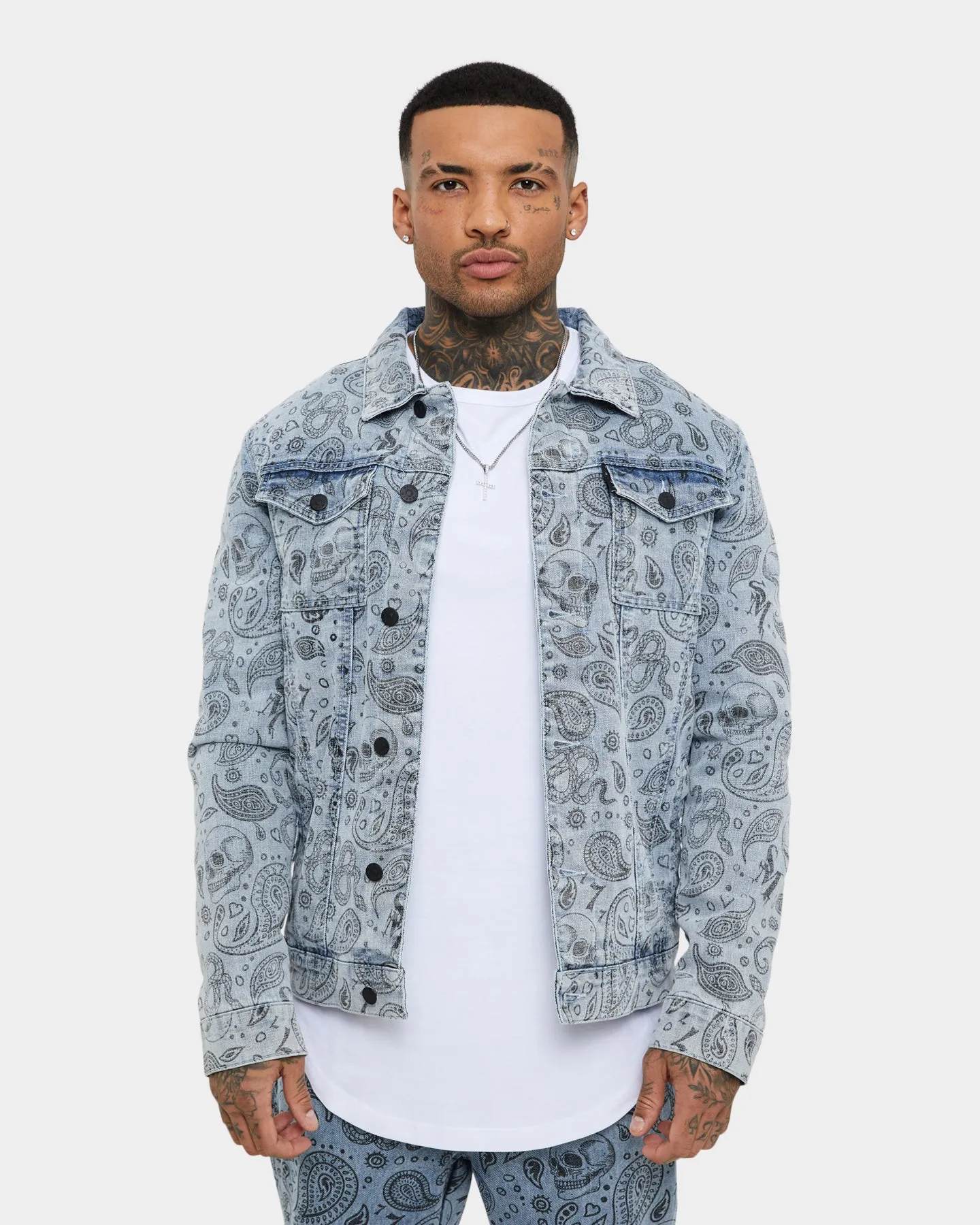 Saint Morta Paisley Skulls Sherpa Jacket Stone Wash Blue