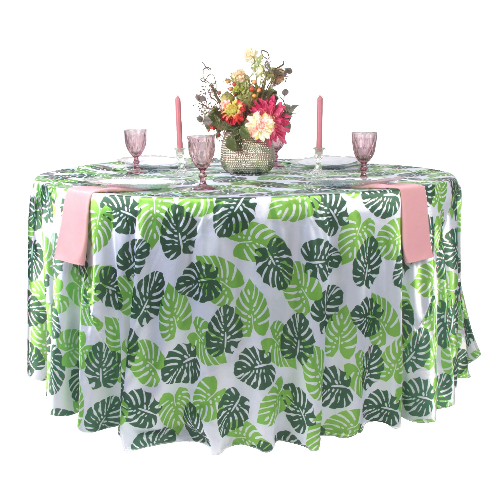 Satin 120" Round Tablecloth - Tropical Palm Leaf